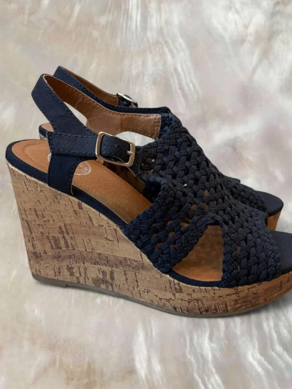 SO Navy Blue Woven Slingback Wedge Sandal